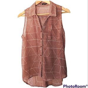 Poetry Clothing Sheer Button Down Sleeveless V Neck Blouse Geometric Print M